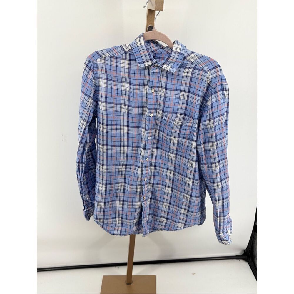 J. McLaughlin Men's Linen Button Down Shirt Plaid Size S Blue Summer Linen